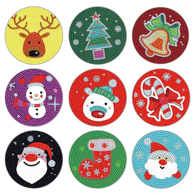 5D Diamond Painting Coaster Santa Claus DIY Single-Sided Stick Drill Acrylic 9-Piece a Set with Shelf Color Box