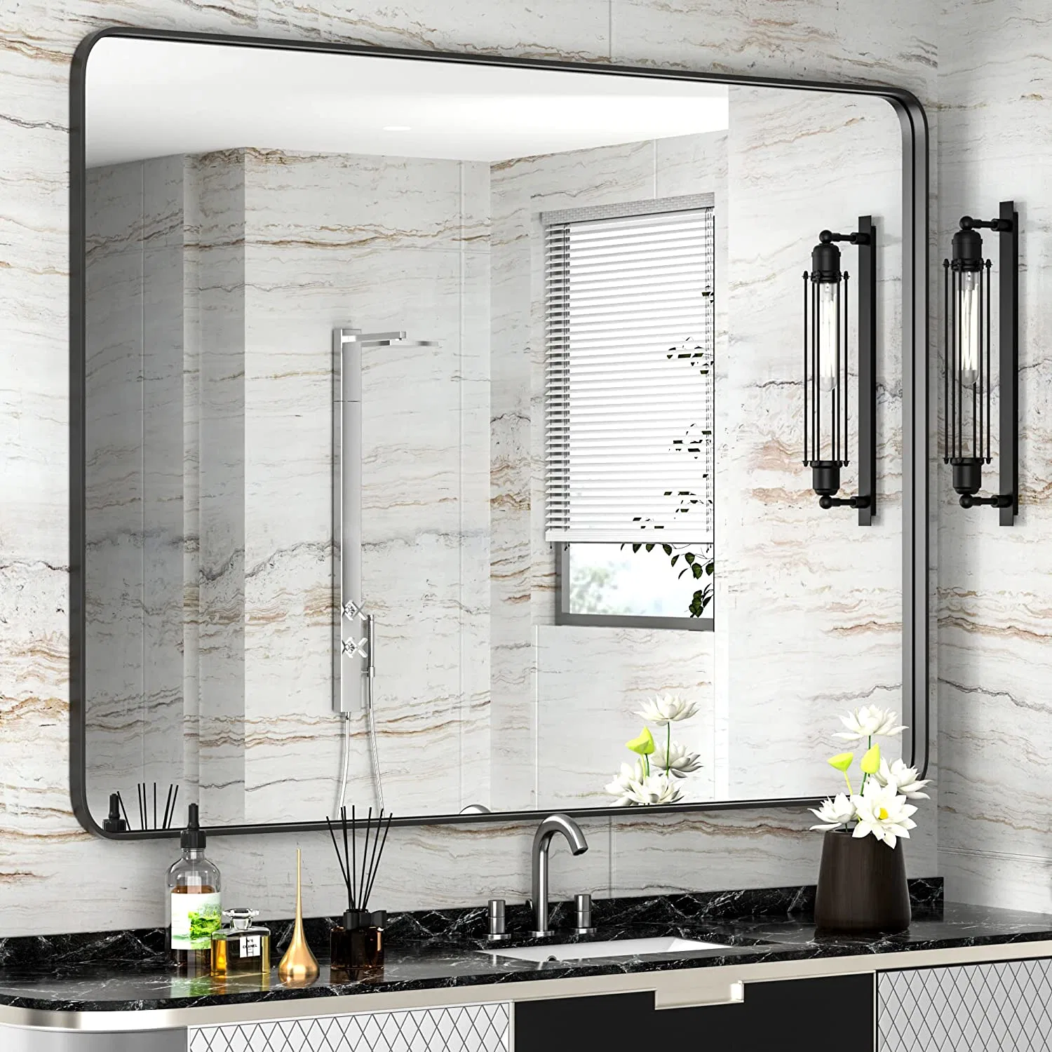 Matte Black Bathroom-Vanity-Mirror for Wall, 304 Stainless Steel Frame Bathroom Mirrors, Rounded Corner Rectangle Farmhouse Mirror, Vertical or Horizontal