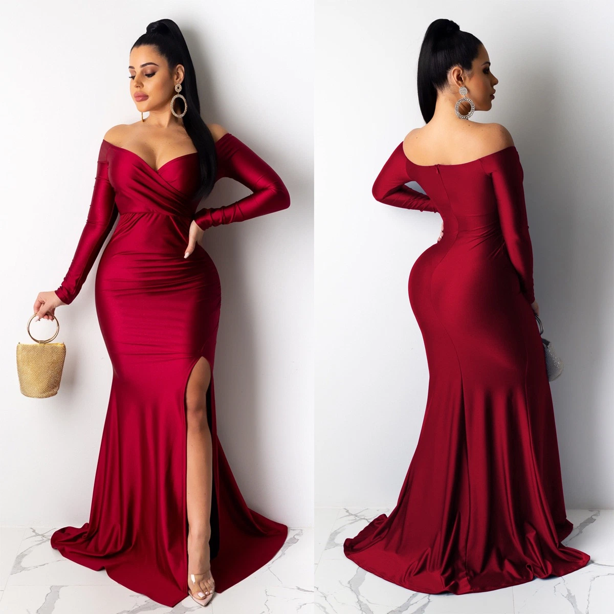 Ladies Fashion Elegant Sexy Satin Slim Long Sleeve Evening Party Dress with Side Slit