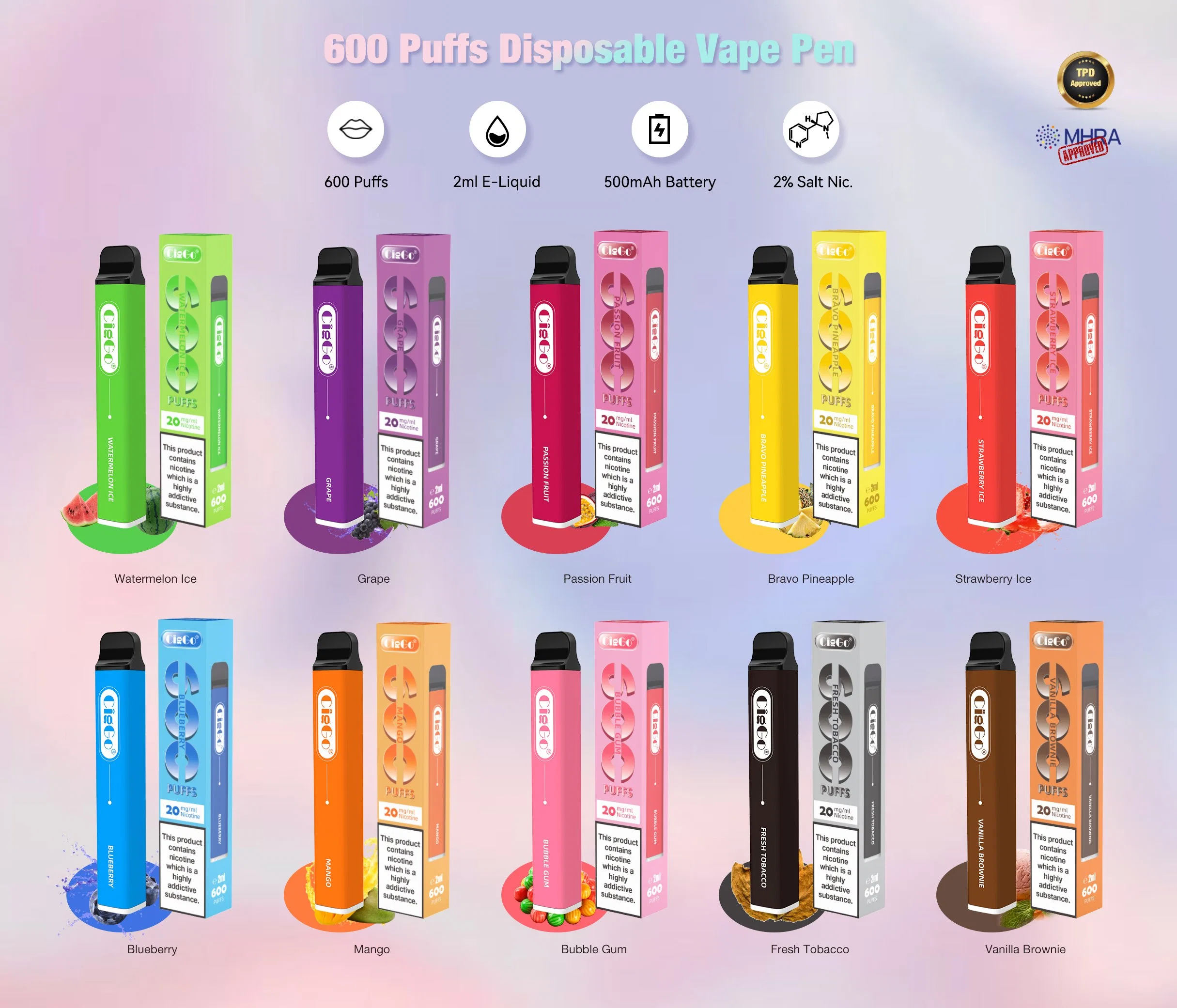 EU Best Selling Disposable/Chargeable Vape Tpd 2 Ml Wholesale/Supplier Vape Disposable/Chargeable 600 Puffs