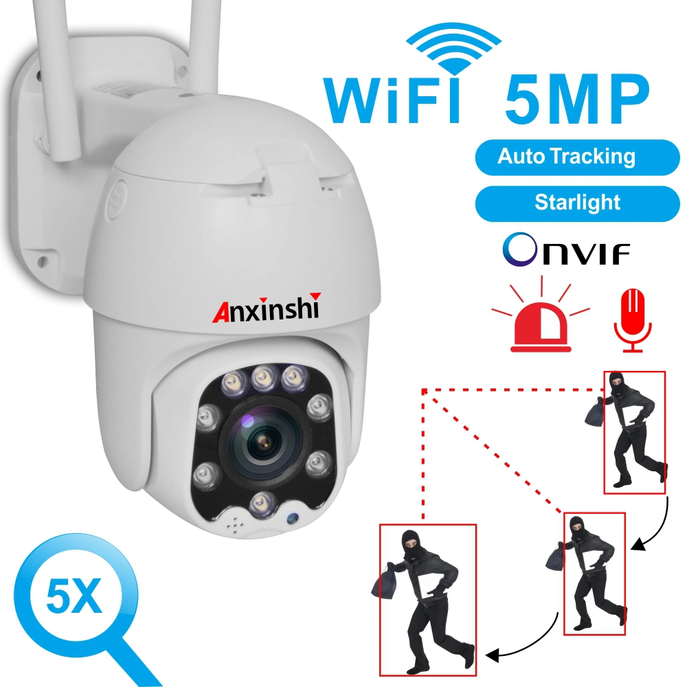 Anxinshi Starlight 5.0MP 5X Optical Zoom WiFi Camera Hidden with Two-Way Voice and Motion Alarm Function Wireless IP PTZ CCTV Camera