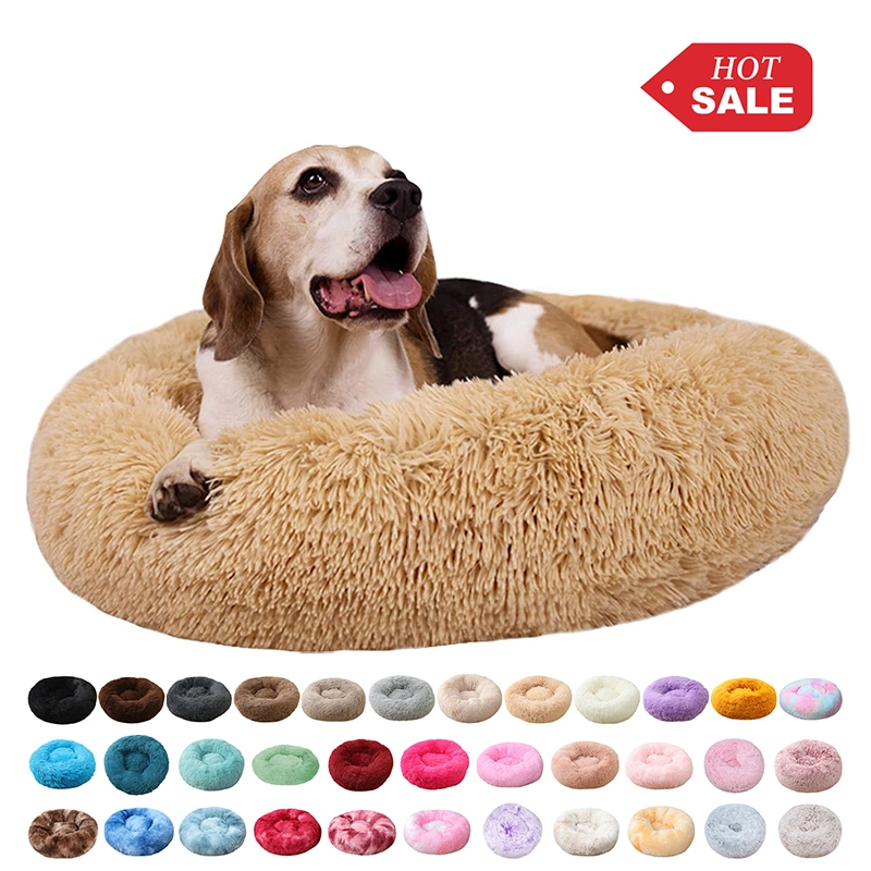 Cozy Soft Round Calming Anti-Anxiety Fluffy Faux Fur Plush Donut Dog Cat Cuddler Bed Warming Pet Dog Cat Cushion Bed