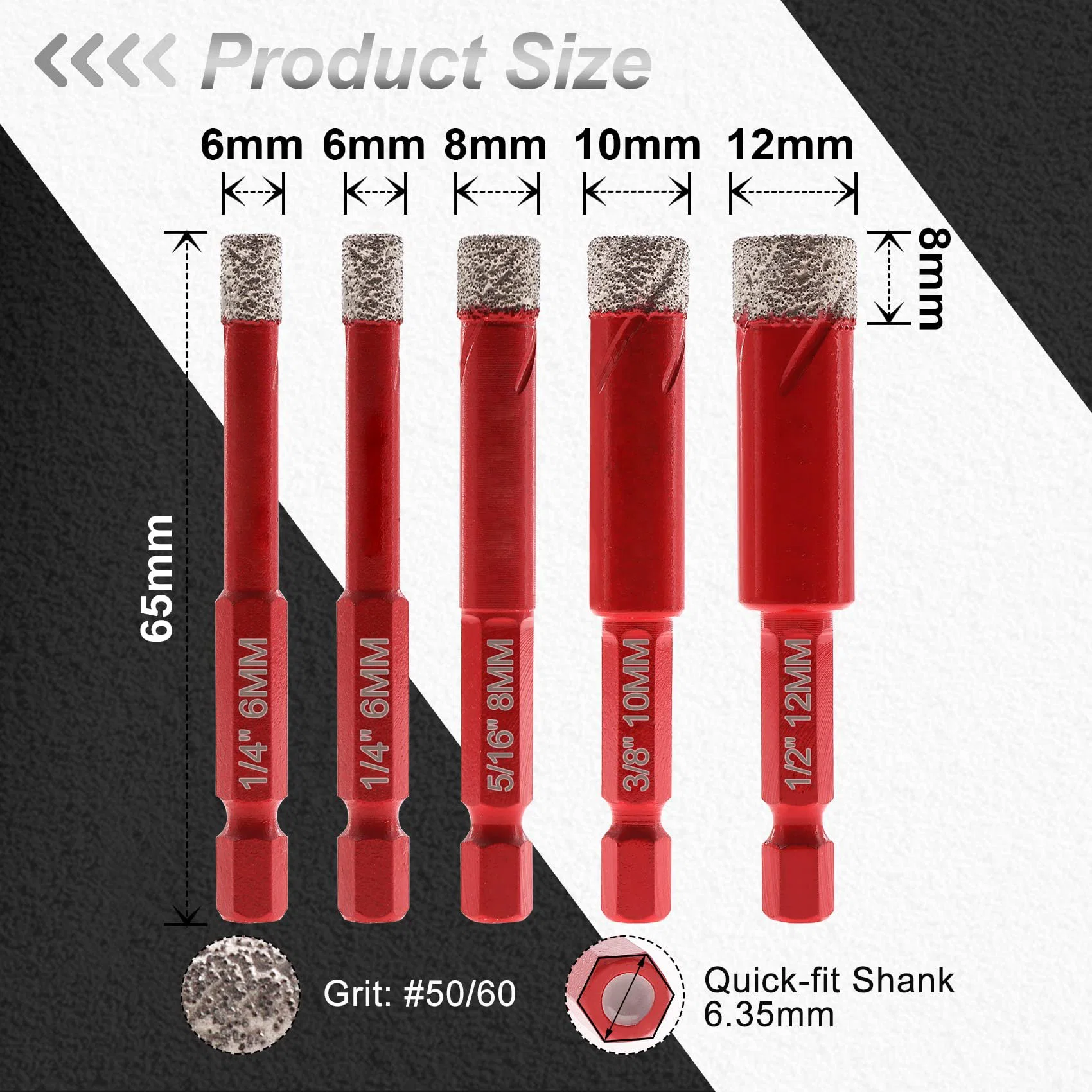 Dry Diamond Drill Bits Set 5PCS 6/6/8/10/12mm Diamond Hole Saw Kit with Quick Change Hex Shank for Ceramic Porcelain Tile Marble Granite Quartz