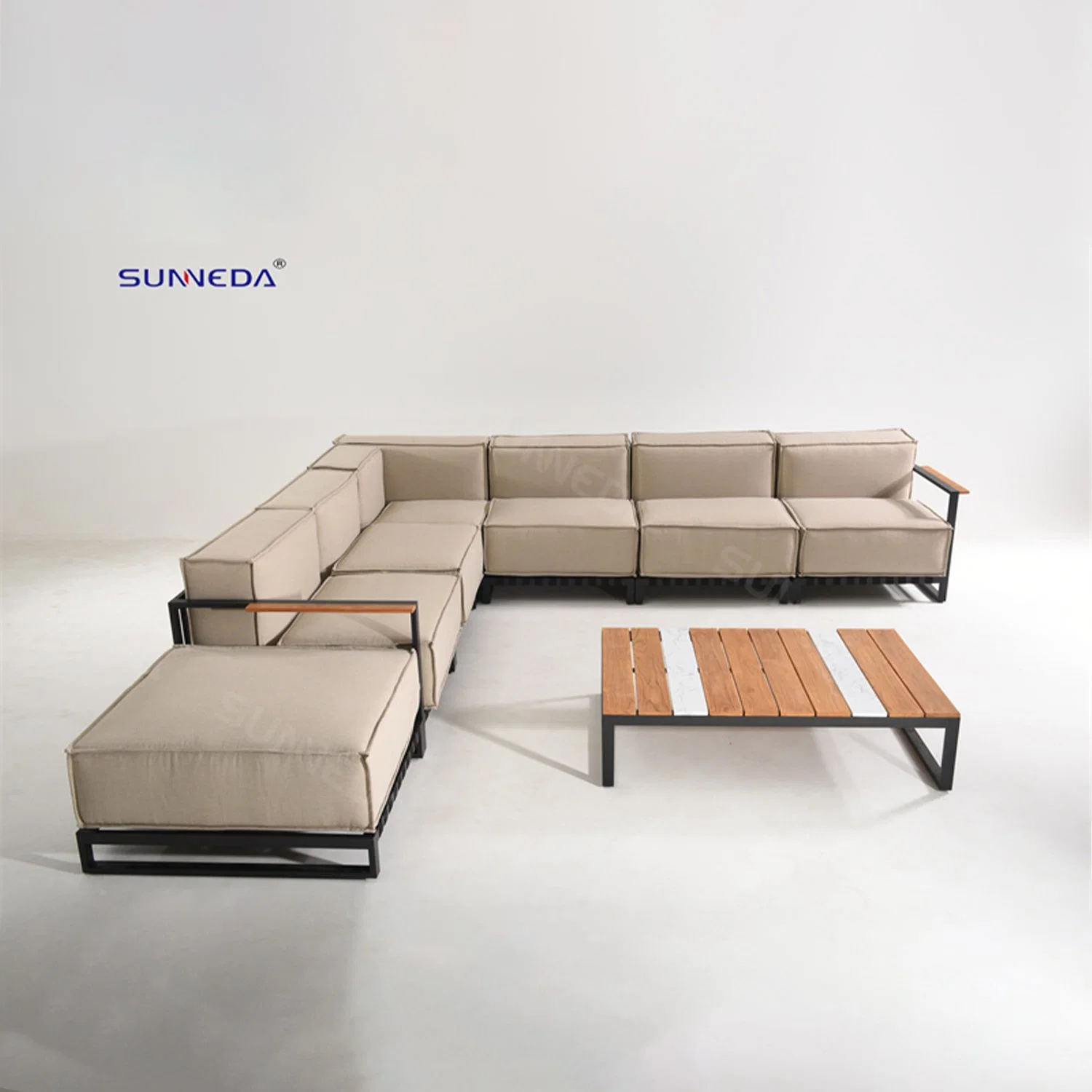 Luxury Elegance Patio Furniture Aluminum Outdoor Coffee Table Big Cushion Teak Wood Marble Garden Sofa