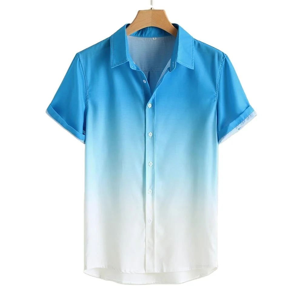 2023 Simple Variety Gradual Color He Man Men Loose Casual Linen Hawaiian Beach Wear Shirt