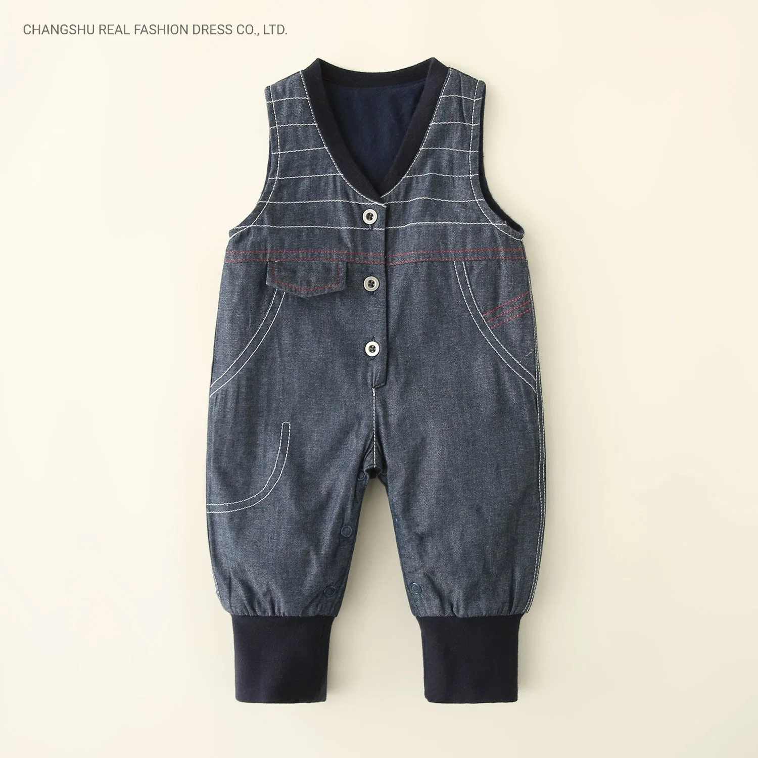 Baby Denim Blue Suspender Pant Clothes with Navy Ribbed at Neckline and Hem and Metal Button Placket