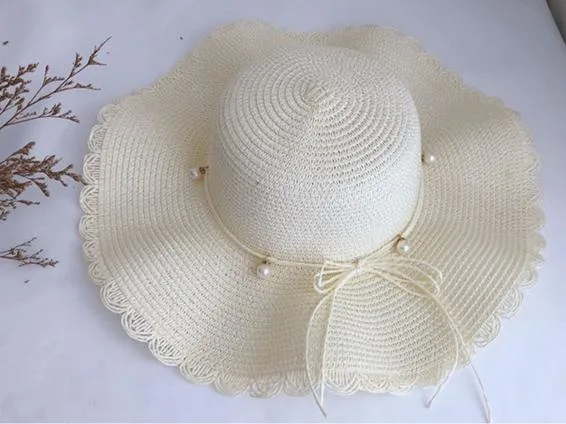 Les femmes s' vent du chapeau de paille d'été ins Pearl vague Big Beach Hat Big Brim parasol Hat Sunscreen Sun Hat