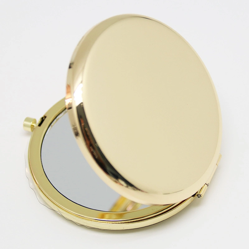 Mini Compact Mirror Lady Bling Cosmetic Metal Custom de moldura dourada Espelho dobrável de bolso com logótipo laser