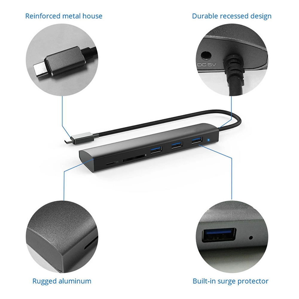 Tipo C Gen1 USB3,0 a 3 puertos concentrador de aluminio con tarjeta Lector y puerto DC