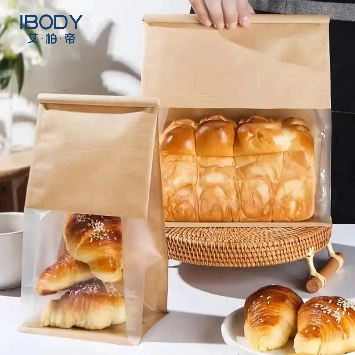 Embalagem de pão de papel Kraft Storage Bakery Toast Tin-Tie Bag com Vidro dianteiro