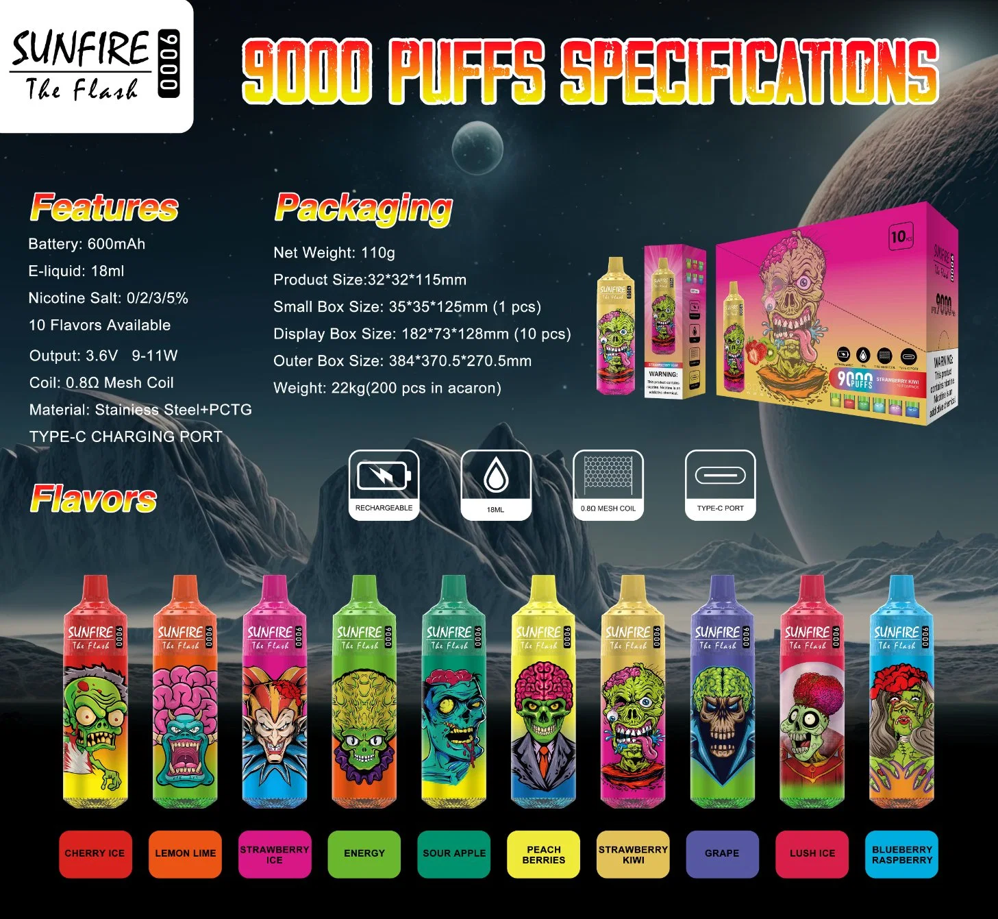 SunFire 9000puffs Kit de dispositifs pour iPod de cigarettes E jetables batterie rechargeable boîte de 18 ml Pods préremplis Vape Big Puff 8K 9K 10K 12K RNM pour la République tchèque