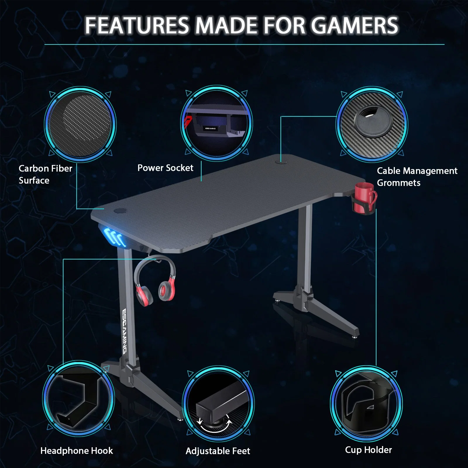 Home Office Computer Black Desk Z Shaped Legs Gamer Table LED Light Gaming Desk Set RGB Gaming Table