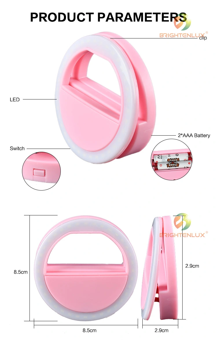 Brightenlux Pink Color 36 LED Beauty Portable 2*AAA Dry Battery Photo Studio Mini Sefilering Light, Makeup Photographic Ring Lamp for Live Stream