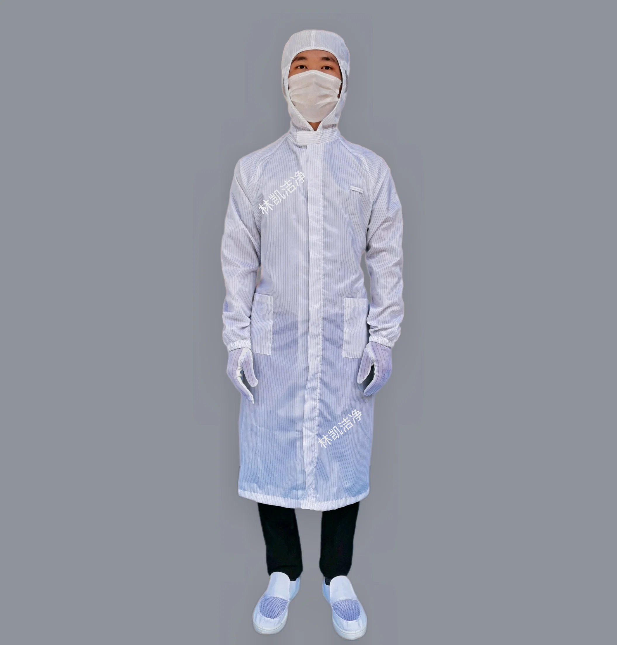 White 5mm Stripe ESD Cleanroom Garment Hooded Lab Coat