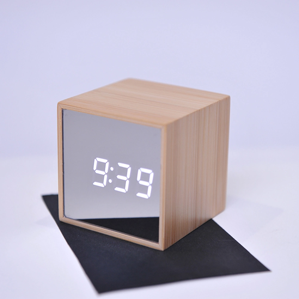 Reloj despertador con LED Bamboo natural Control de voz con espejo de temperatura Reloj