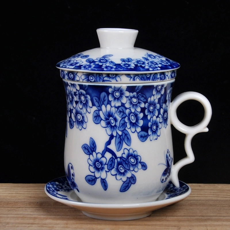 OEM céramique thé faire tasse Bleu et blanc porcelaine avec Poche intérieure ensemble de quatre pièces pour préparer le thé de bureau