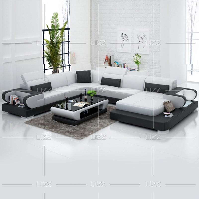 Black U Shaped Sofa Modern Living Room Sofa Leather Home Furniture Sofa with LED Light
