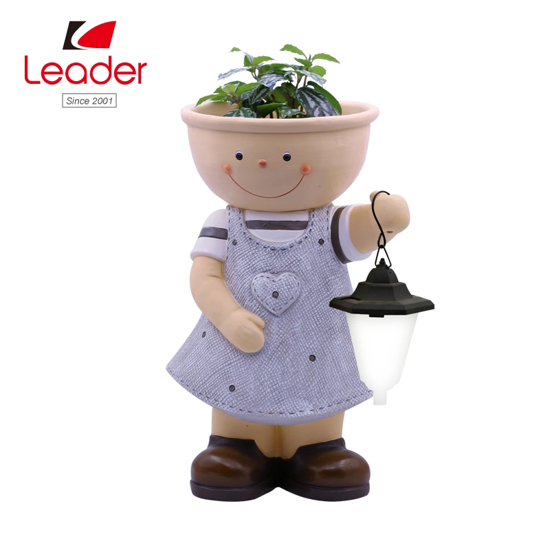 Big Cool Kid Girl with Lantern Flowerpot for Home and Garden Decor