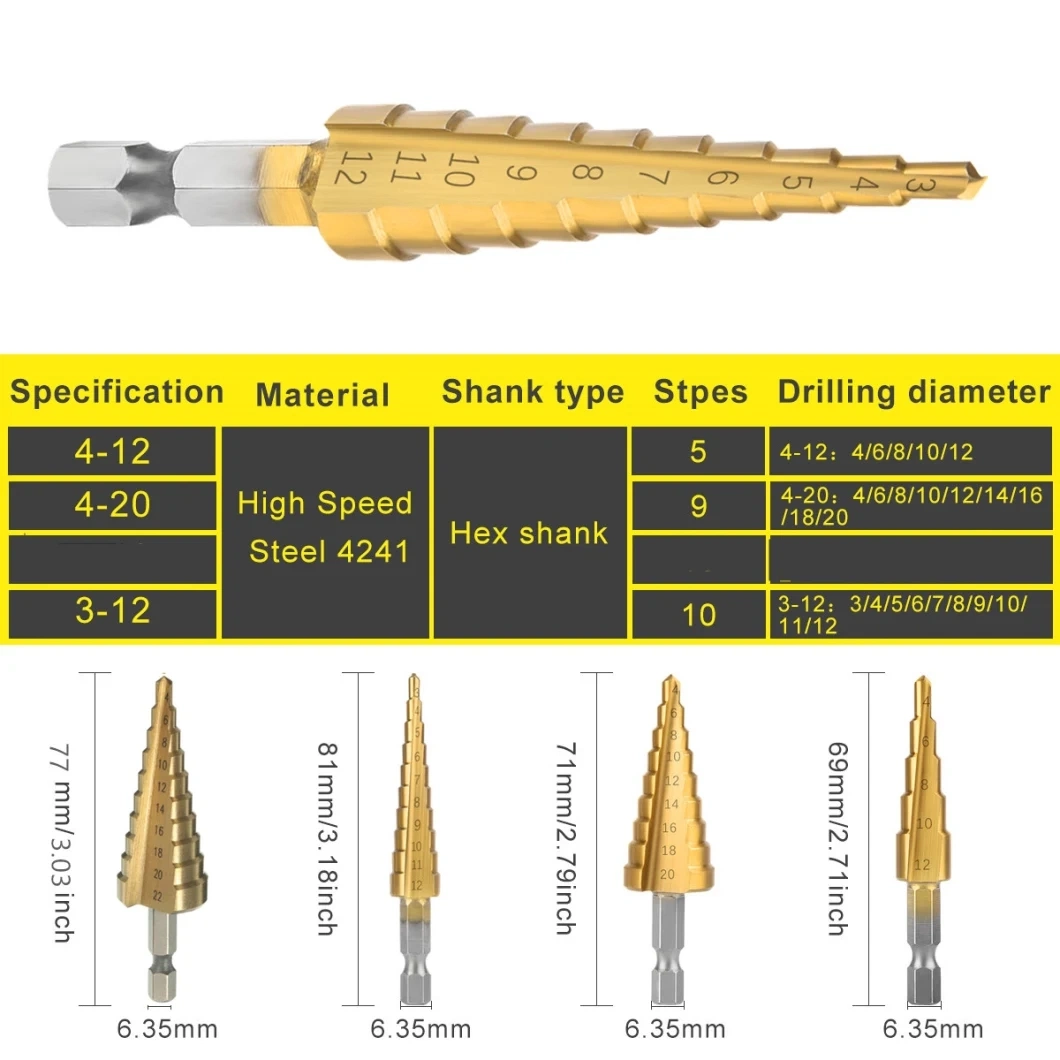 3p/Set 3-12mm 4-12mm 4-20mm HSS Straight Groove Step Drill Titanium Coated Wood Metal Hole Cutter Core Drilling Tools Set