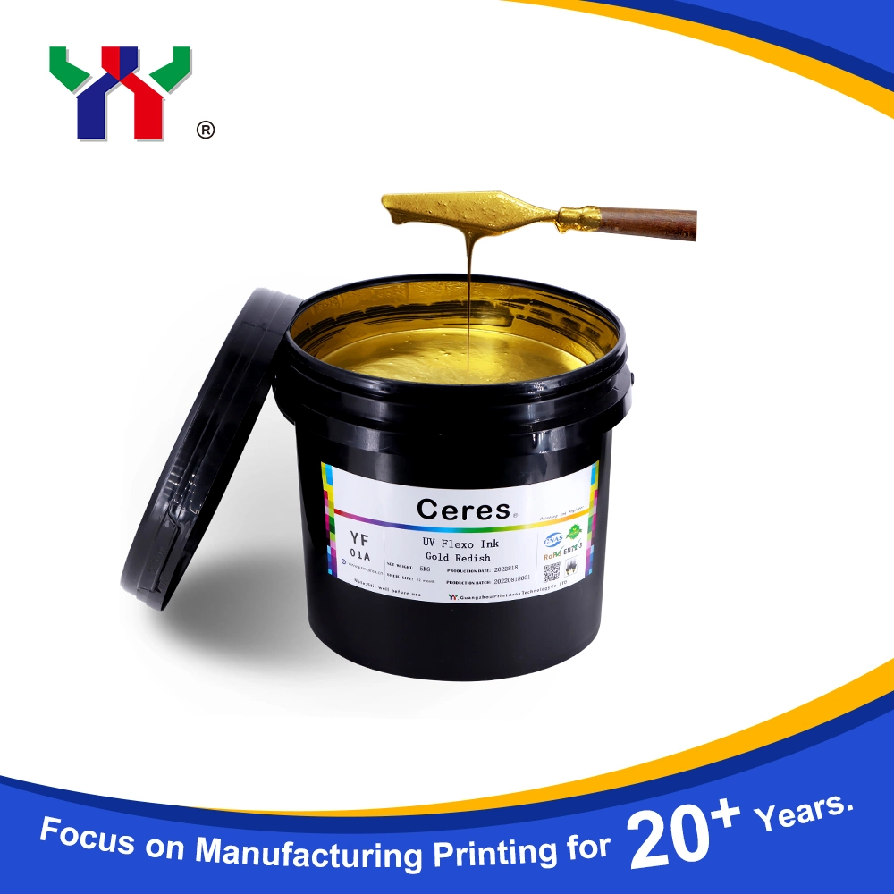 (Factory sell)High Quality Ceres Strong Adhesive Force UV/LED Flexo Printing Ink for Paper and Label Printing (PP, PET materials), Color Gold Redish 5kg/Barrel