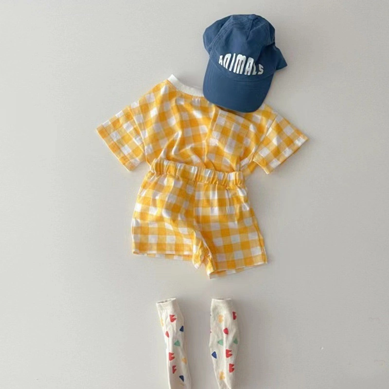 Children Cotton Short Sleeve Suit Summer Baby Love Plaid Print Casual T-Shirt