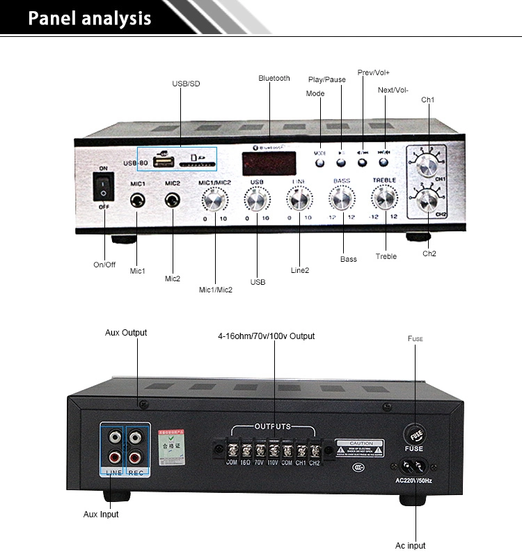 80W 2 Zone USB Bluetooth Mini Mixer Audio Amplifier Utilisé dans un Système de Sonorisation Publique