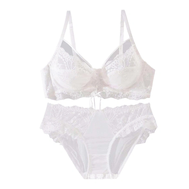 Ensemble de lingerie sexy personnalisé en dentelle légère rose transparente pour femmes, soutien-gorge et sous-vêtements.