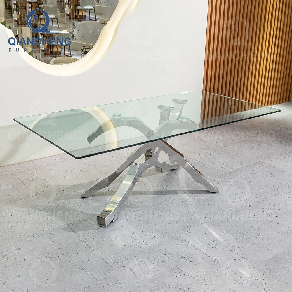 Chinese Stainless Steel Luxury Modern Home Furniture Tempered Glass Dining Table