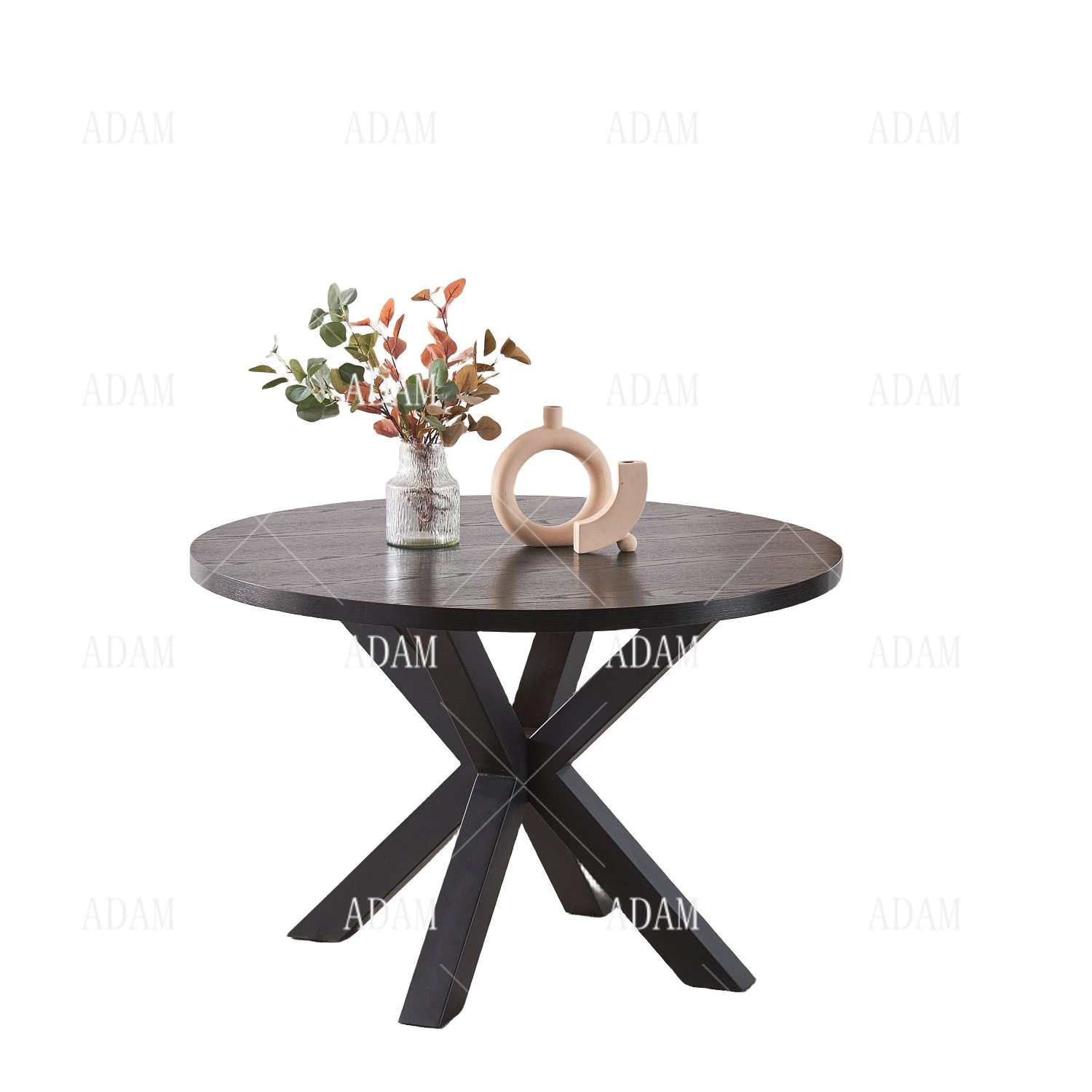 Small Round Black Veneer MDF Dining Room Furniture Solid Wood Dining Table