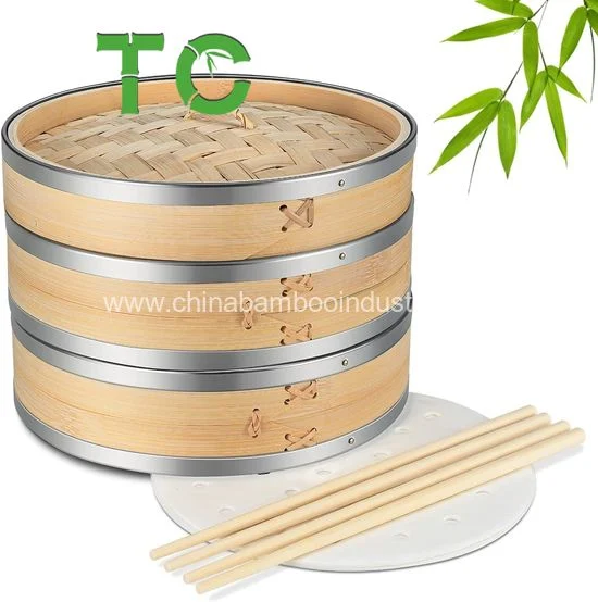 Bamboo Steamer Basket Set with Stainless Steel Banding Steam Baskets for Dimsum