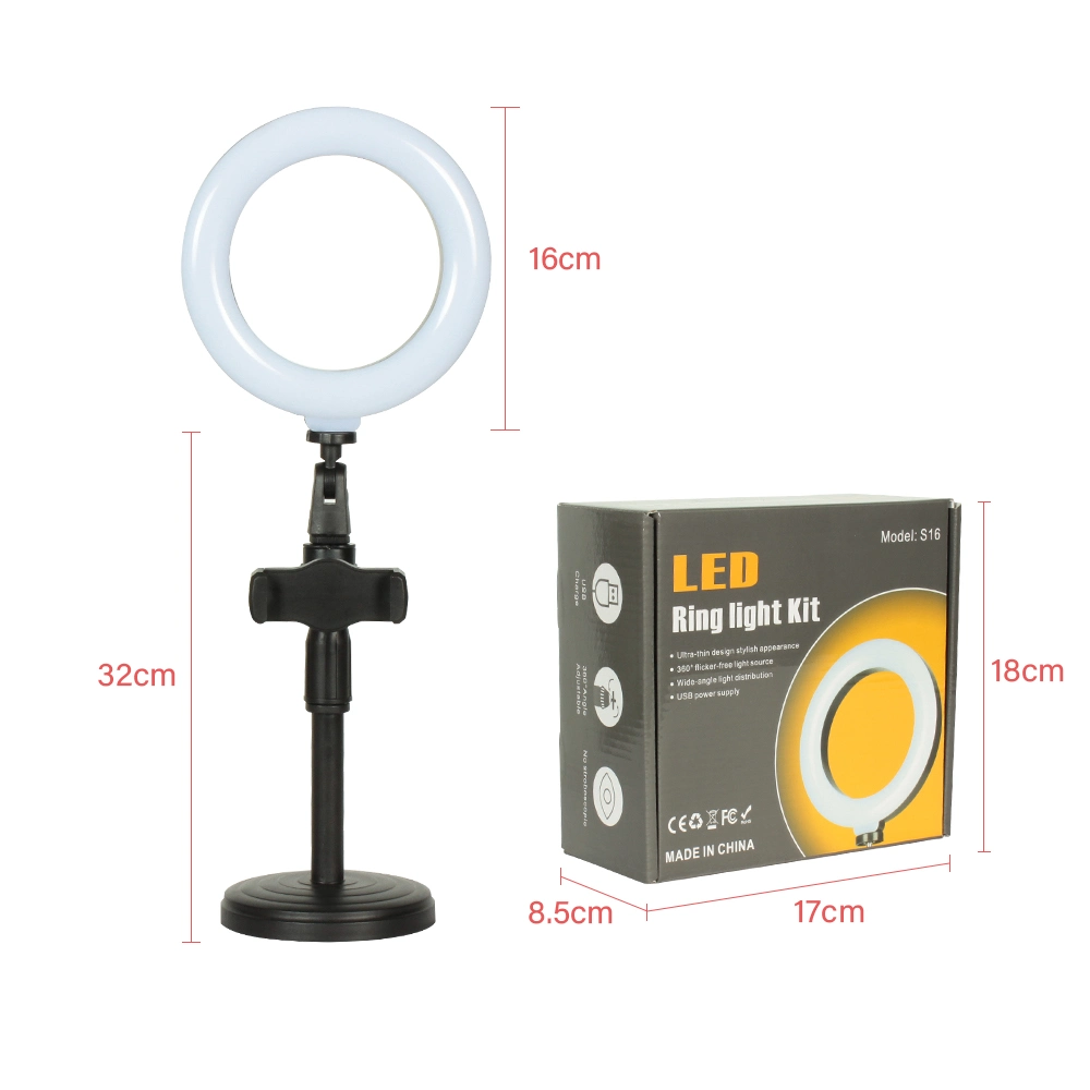 Luz circular LED de 6 polegadas para maquiagem com tripé e telefone Suporte