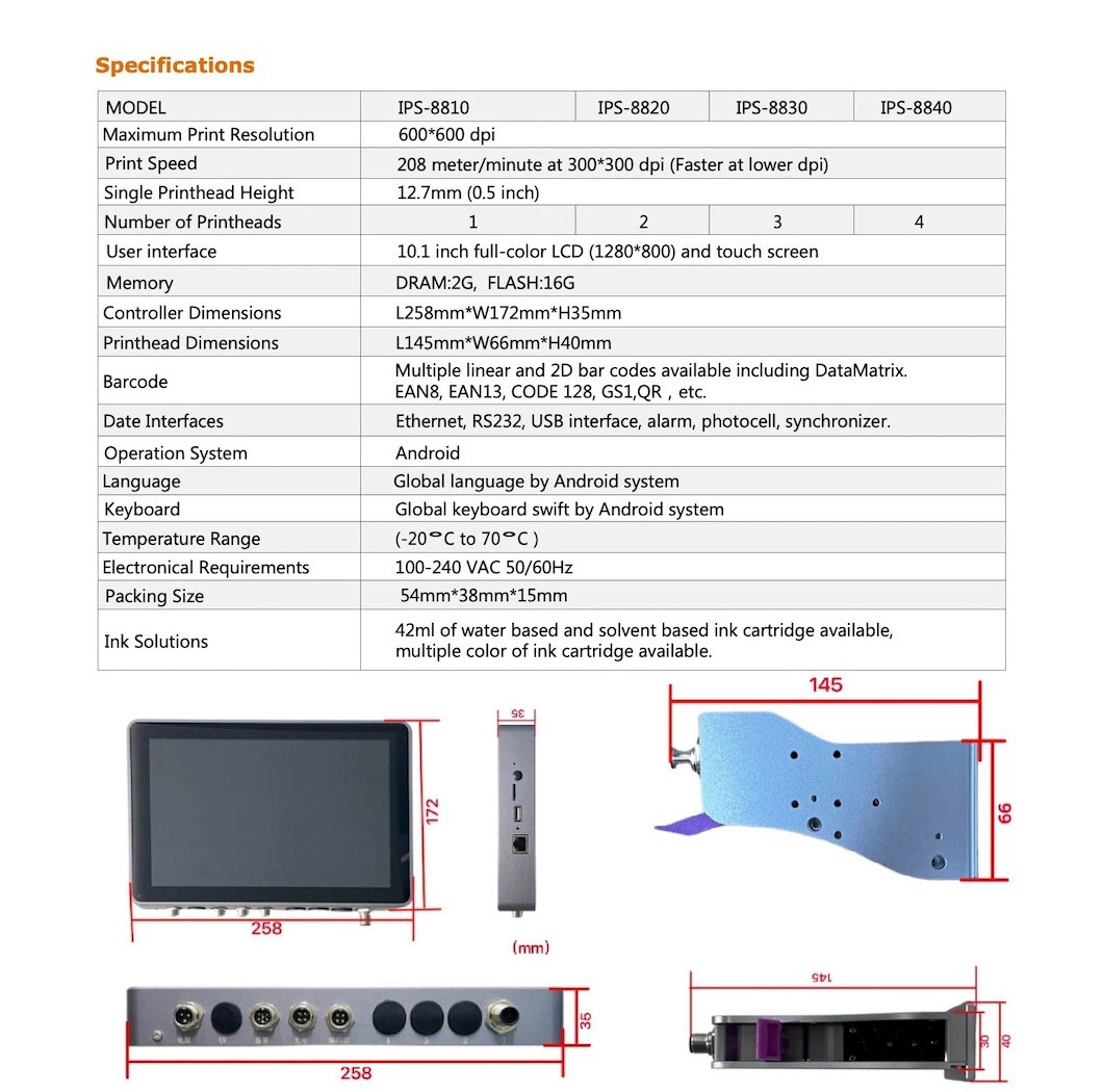 IPS 8840 - 10" de 12,7mm OEM/ODM aplicaciones personalizadas lenguaje Global de la impresora de inyección de tinta térmica