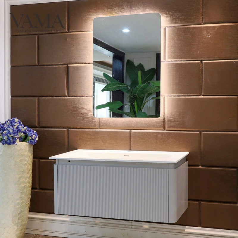تصميم Vama جديد 800 مم حمام معلق على الحائط ذو تأثير متموج خزانة مزودة بمرآة LED