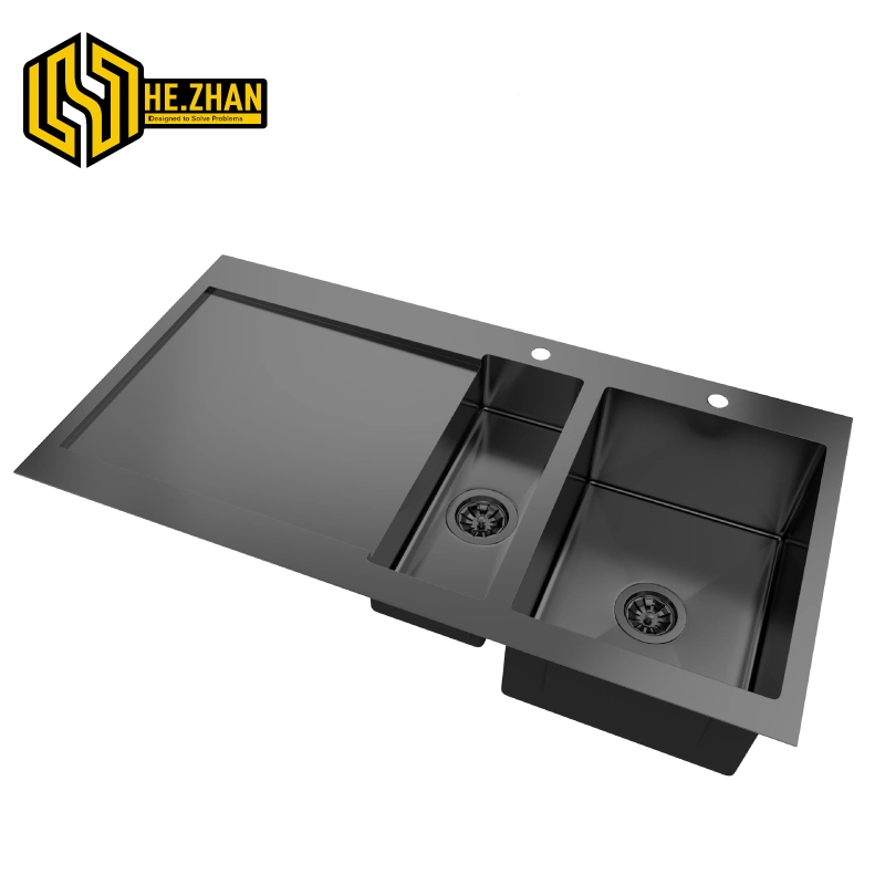 304 Stainless Steel Handmade Double-Basin Commercial Sink with a Simple and Atmospheric PVD Gold Black Sink