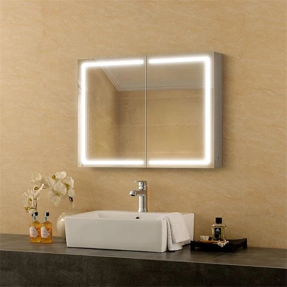 Advanced Furniture Bathroom Kitchen Single Double Door Frontlit Mirror Cabinet with Tempered Glass Shelf