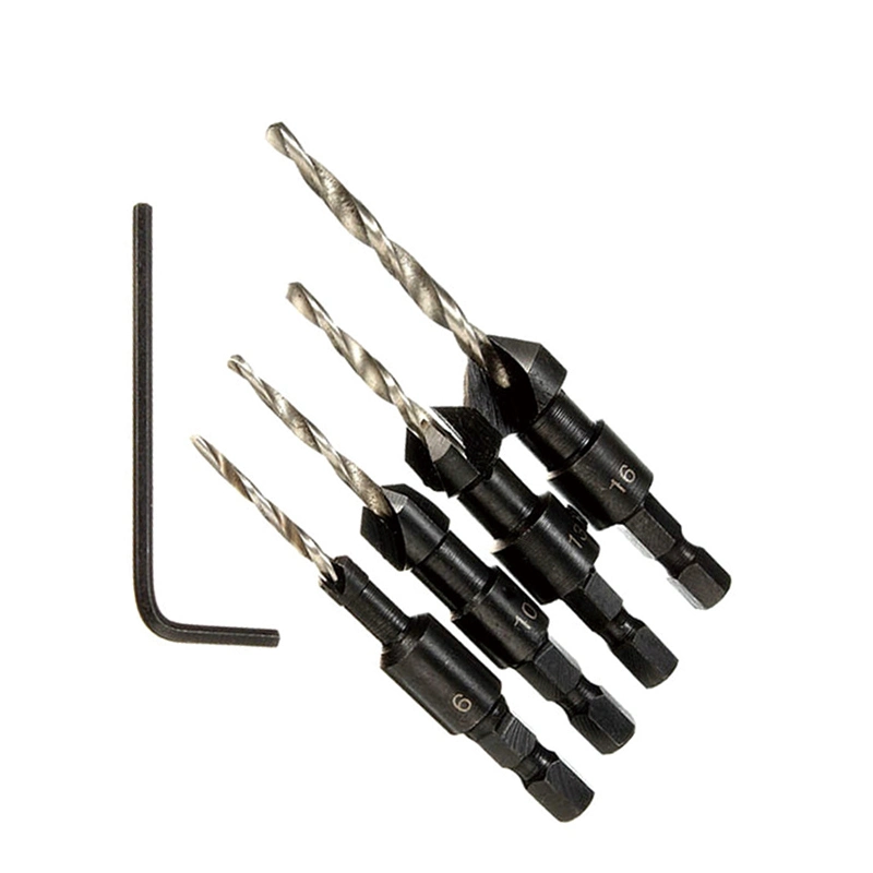 Haste Sextavada de 4 PCS 3 Flute Madeira HSS Broca de chanfrar definido para o parafuso de madeira