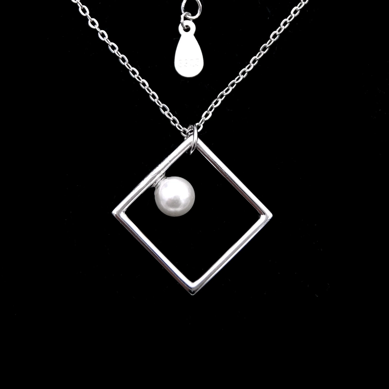 Hexagon Shaped Pearl Jewelry Plating Rhodium Real Silver Necklace