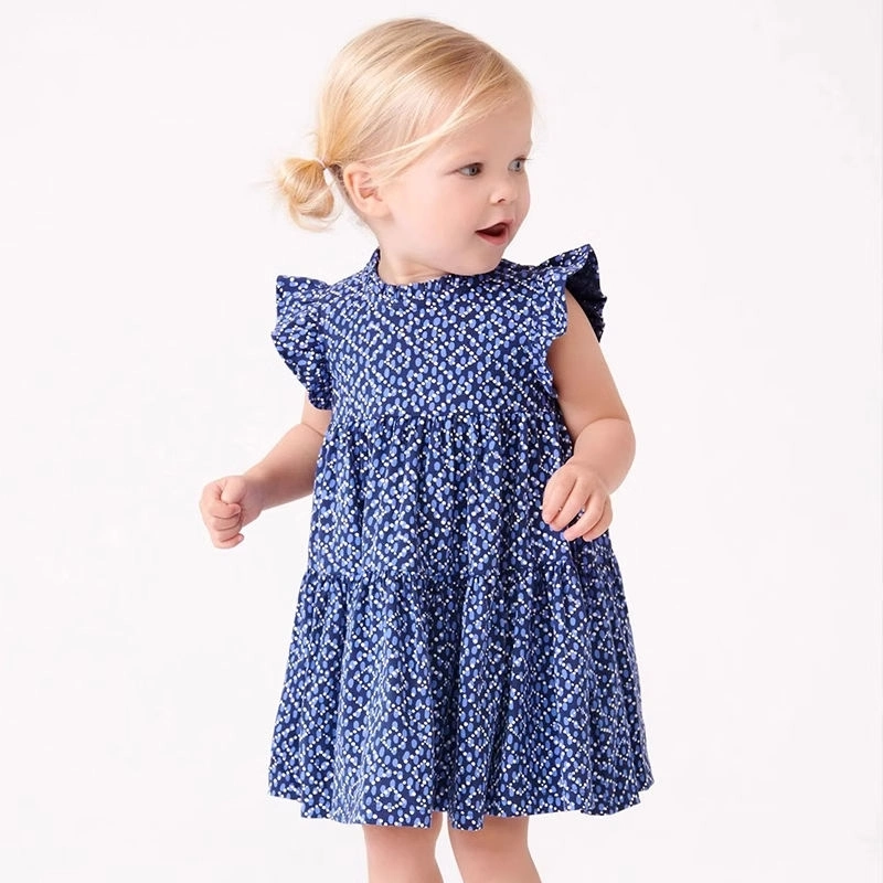 Hot Sale Summer Baby Girl Dress 100% Cotton Corduroy DOT Aop Children Apparel Dresses with Ruffle Neck and Sleeve