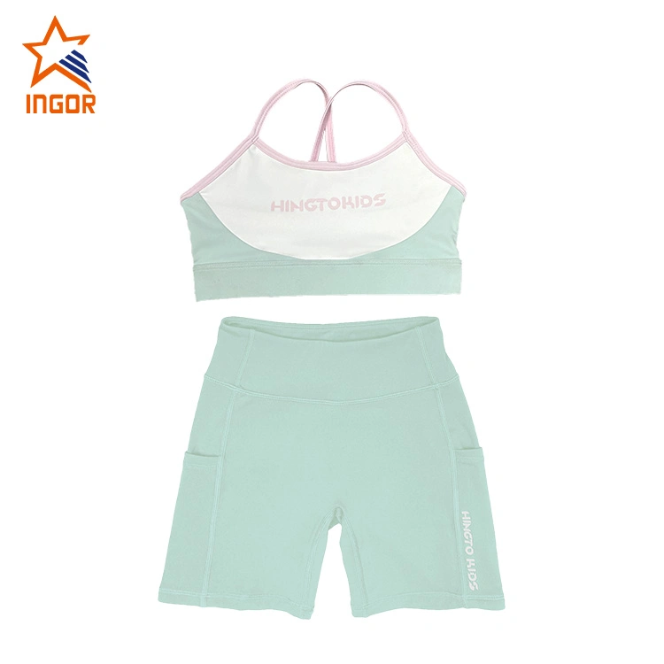 Ingorsports Vêtements pour enfants Imprimé en soie Logo Design de couleur contrastée Soutien-gorge et short avec deux poches latérales Maillots de bain pour enfants Vêtements de sport Vêtements de sport