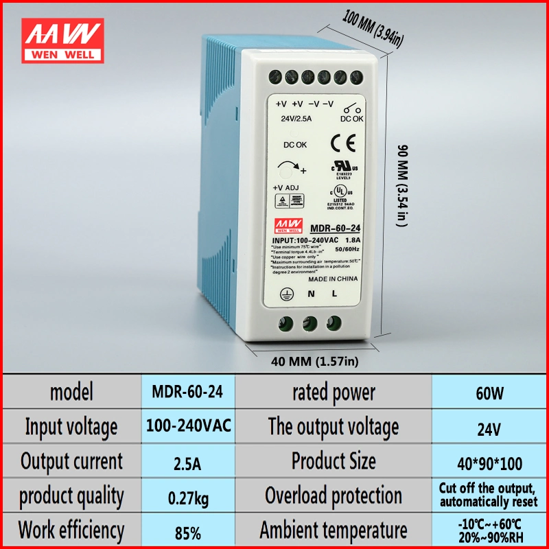 24V 2.5A Micro para carril DIN industrial el volumen de 60W SMPS MDR-60-24