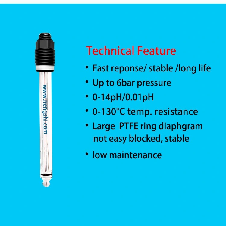 Sensor de pH de vidro industrial online para farmácia e fermentação 0-14pH Para medidor de pH