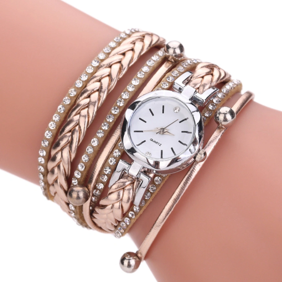 Pulsera de pulsera de varias correas Reloj analógico de cuarzo muñeca Relojes Diamond Lined trenzado de cuero Correa Moda Relojes Esg13633