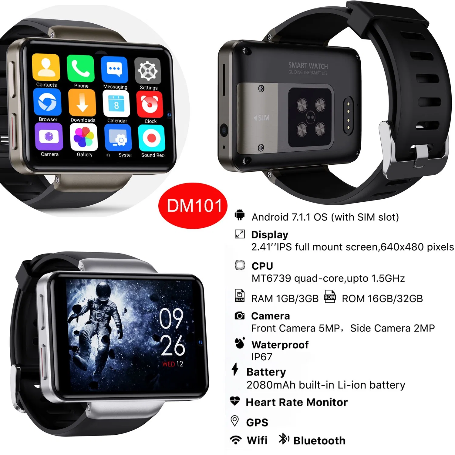 Новая IP67 Smartwatch водонепроницаемый 2.41GPS-дюймовый Android Smart смотреть 4G мобильный телефон с WiFi видеовызова Пульсомер DM101