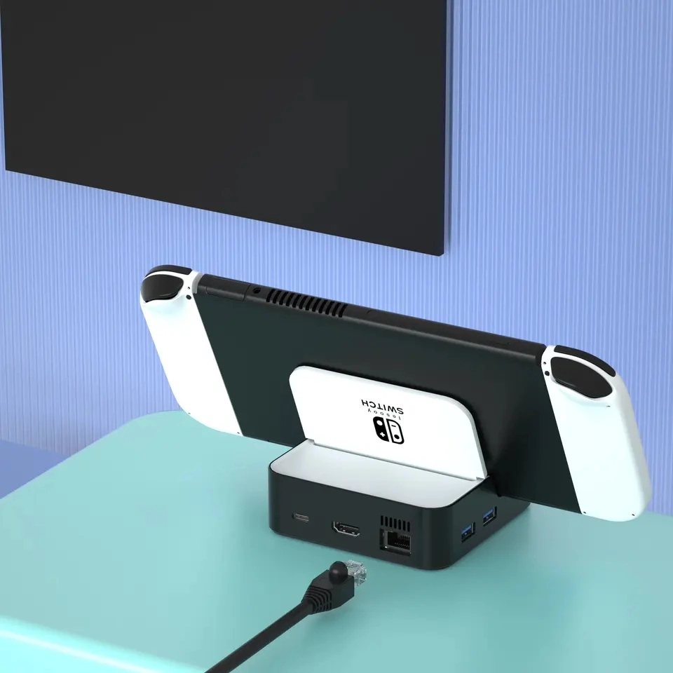 محطة إرساء التلفزيون لقاعدة شحن Nintendo Switch OLED محول مع محول فيديو عالي الوضوح متوافق مع USB C RJ45 بدقة 4K