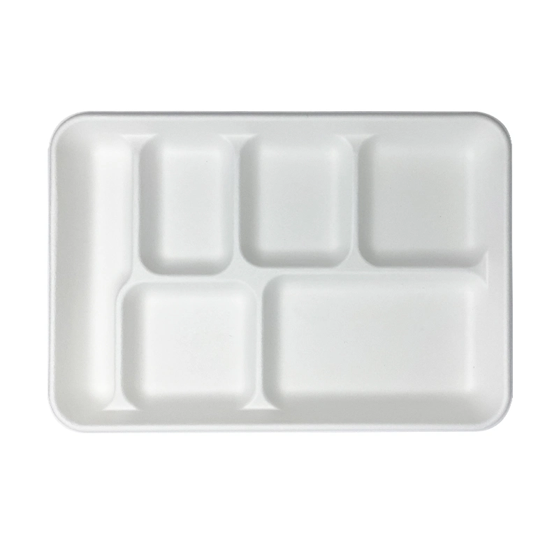 Plato de cena de pasta de bagazo de caña de azúcar desechable comida rápida 5 compartimento Bandejas biodegradables para el almuerzo