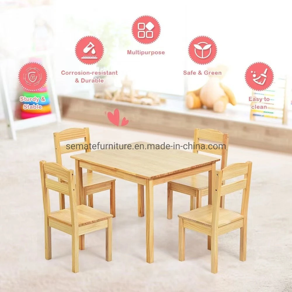 Factory Wholesale/Supplier Sturdy Kids Furniture Stable Pine Wood Kids 5 Piece Table Chair Set for Children Play Room