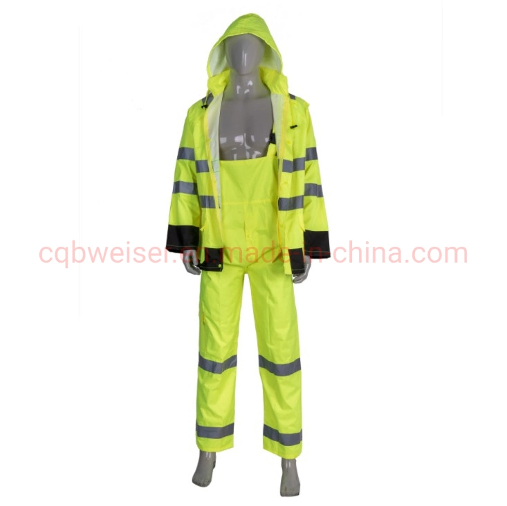 Verde fluorescente dos piezas resistentes al agua Rainwear reflectante adultos traje de lluvia