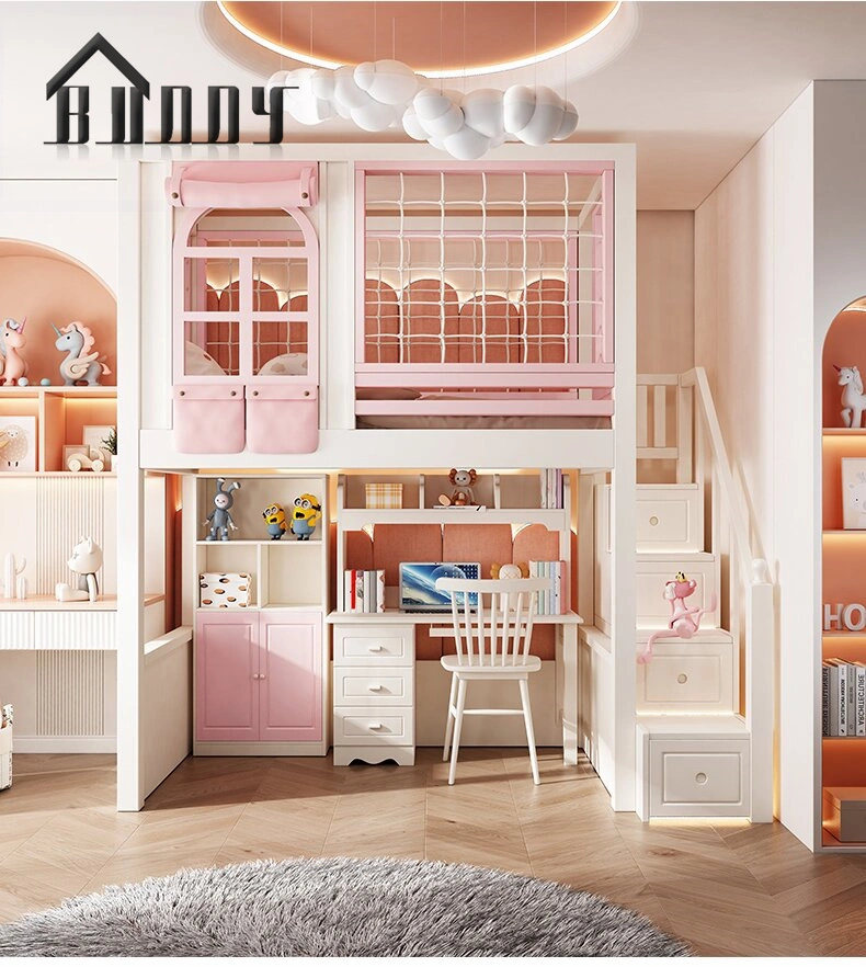 Solid Wood Princess Kids Bunk Beds Bedroom Furniture with Desk Wardrobe Storage Loft Bed