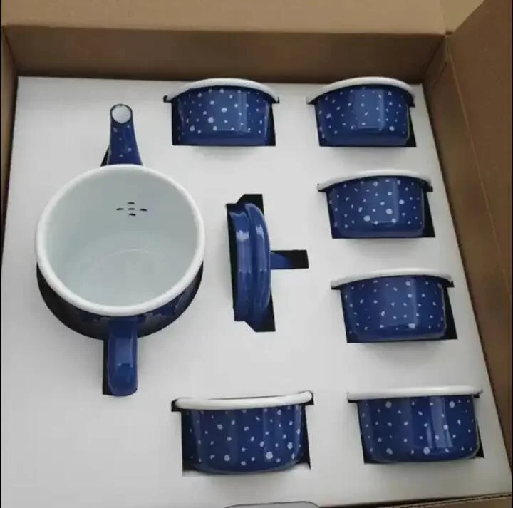 Stocks Saudi Market New Design Enamel Cookware Tea Kettle Set with Tray and Cups