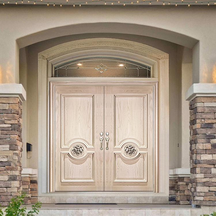 Diseño de puerta principal de madera redonda de lujo con ventana de vidrio para protección moderna contra robos en residencias